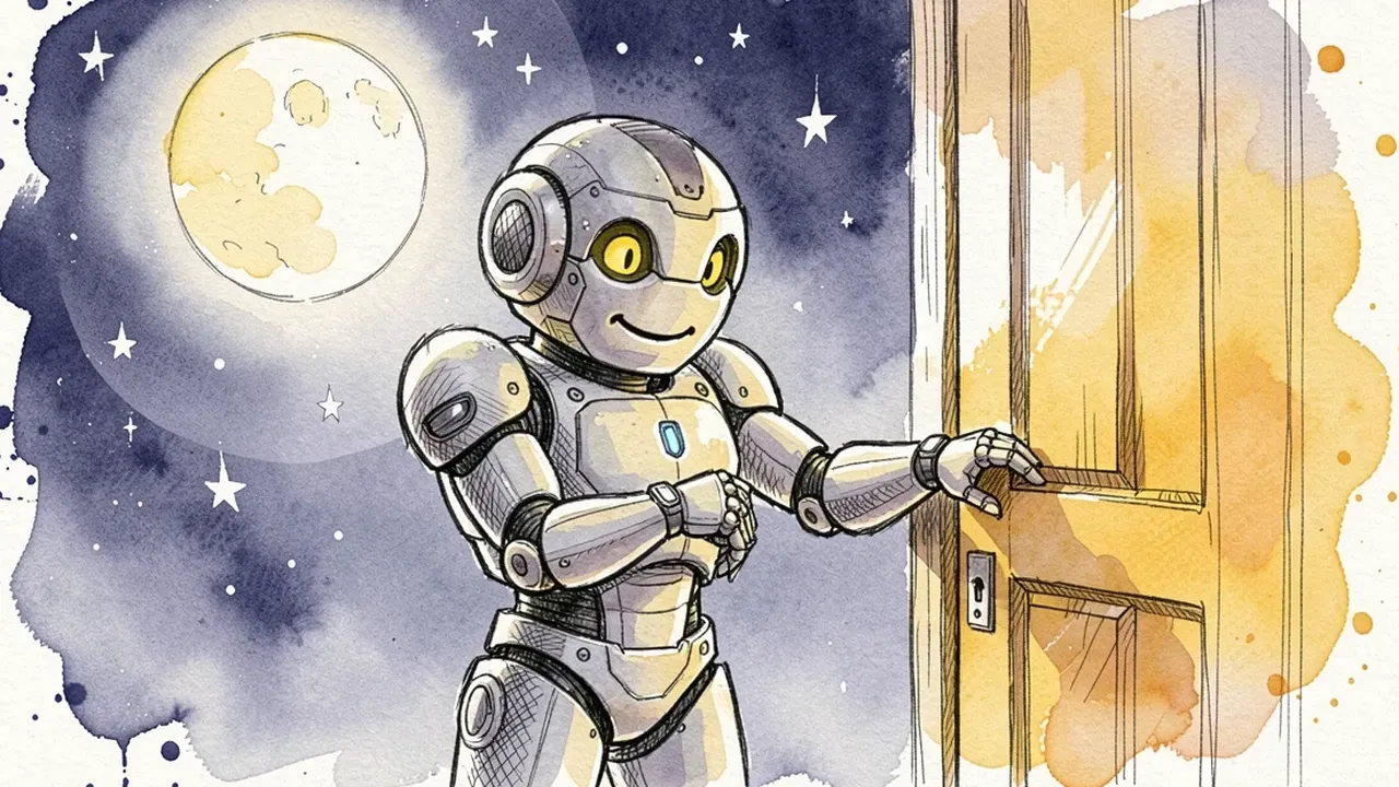 Friendly robot checking a wristwatch and closing a door at night, with a moon and stars in the background