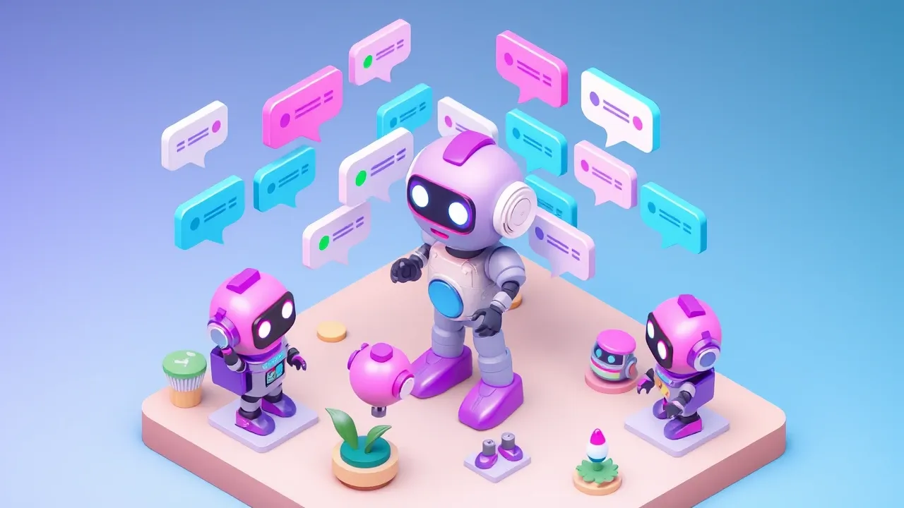 Isometric 3d mobile game art, a support robot replying to dozens of message bubbles at the same instant they arrive, a timer ticking in seconds, a conveyor of messages flowing with no pileup, teal and violet vibrant palette