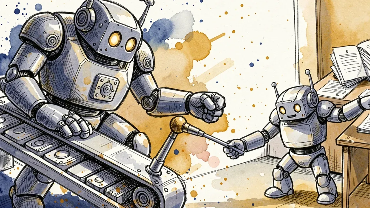 A large robot reaching for a production line lever, gently blocked by a smaller robot pointing toward an office desk