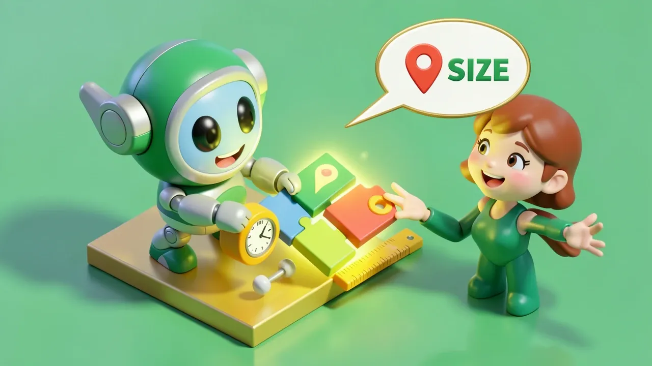 Isometric diorama of a robot calculating a quote with floating blocks of weight, origin, destination and deadline snapping together like pieces, an excited customer receiving the price in a chat, emerald and gold palette