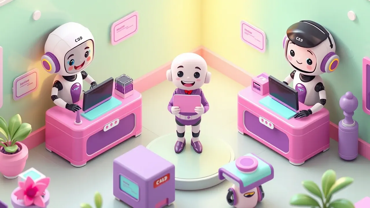 Isometric 3d mobile game art, a single customer being recognized at three different counters that share the same floating memory card, agents and robots smiling with the information in hand, mint green and violet palette with warm light, lively render