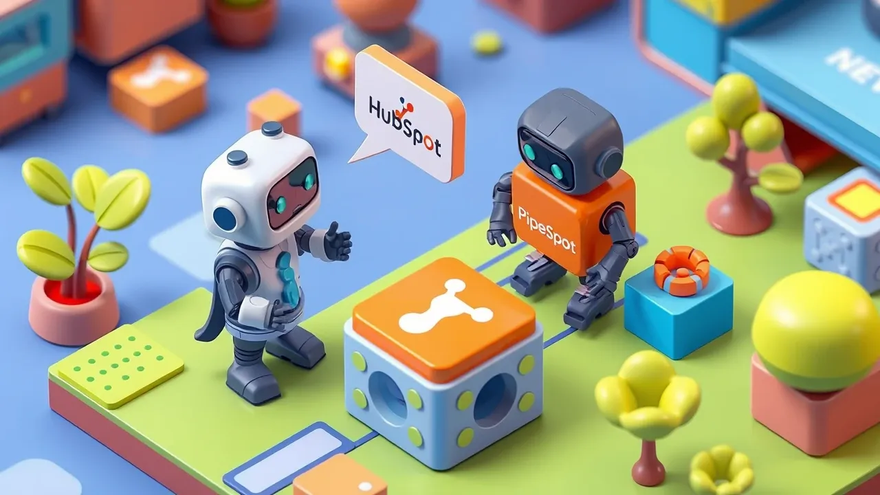 Isometric 3d miniature of a manager describing a flow to a robot that connects itself to HubSpot and Pipedrive, integration blocks snapping together with no messy wiring, lime green and indigo palette