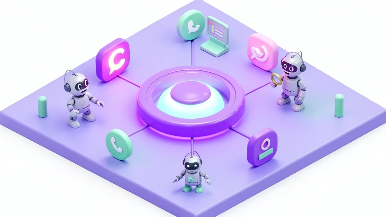 Isometric diorama of a violet shield protecting a central hub connected to WhatsApp, Telegram and a website, a small auditor robot checking a scrolling conversation log, violet and mint palette