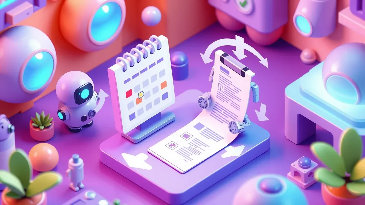 Isometric diorama of a robot organizing a floating calendar and a proposal document, with follow-up arrows looping in a cycle, violet and blue palette