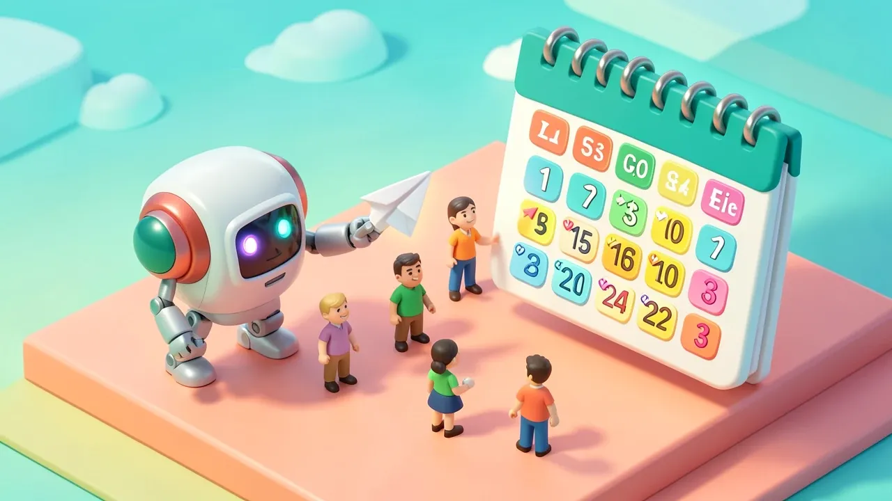 Isometric diorama of an agent robot with a floating calendar marking expiration dates and sending miniature reminders to customers, coral and teal palette