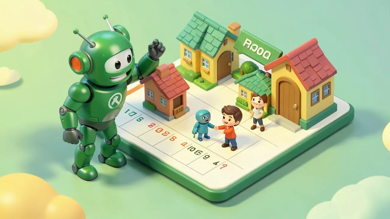 Isometric 3d diorama of a robot arranging miniature houses on a floating calendar while two people shake hands at one of the doors, emerald green and amber palette