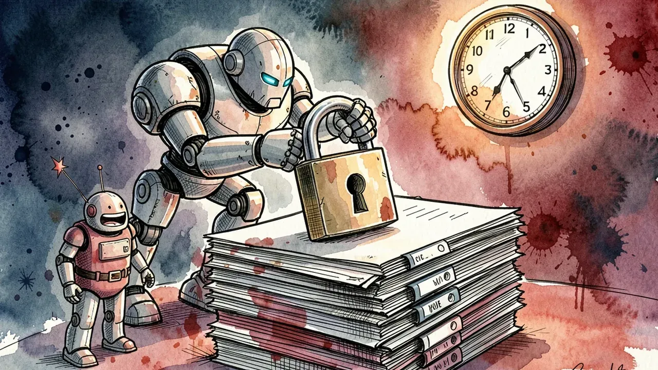 Guardian robot locking a large padlock over a folder of files, a clock in the background marking time, dark blue and muted red palette