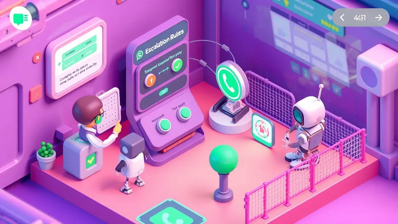 Isometric 3d mobile game art, a person configuring escalation rules by chatting with a robot, a panel with trigger switches turning on, a connection to WhatsApp and a human team on standby, a governance fence with an audit shield around it, violet and lime-green palette