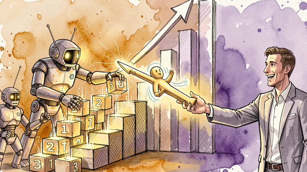 Robô montando blocos numerados em sequência diante de um gráfico de barras subindo, entregando um lead brilhante para um vendedor humano do outro lado, aquarela âmbar e violeta