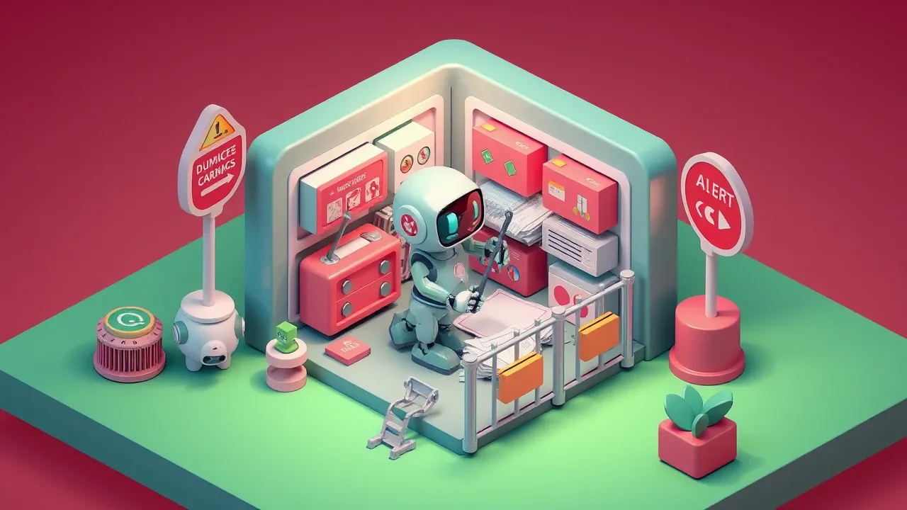 Isometric 3d render of a robot fixing duplicate cards and messy data in a CRM while a governance fence guards access, alert signs turning green, soft red and emerald palette