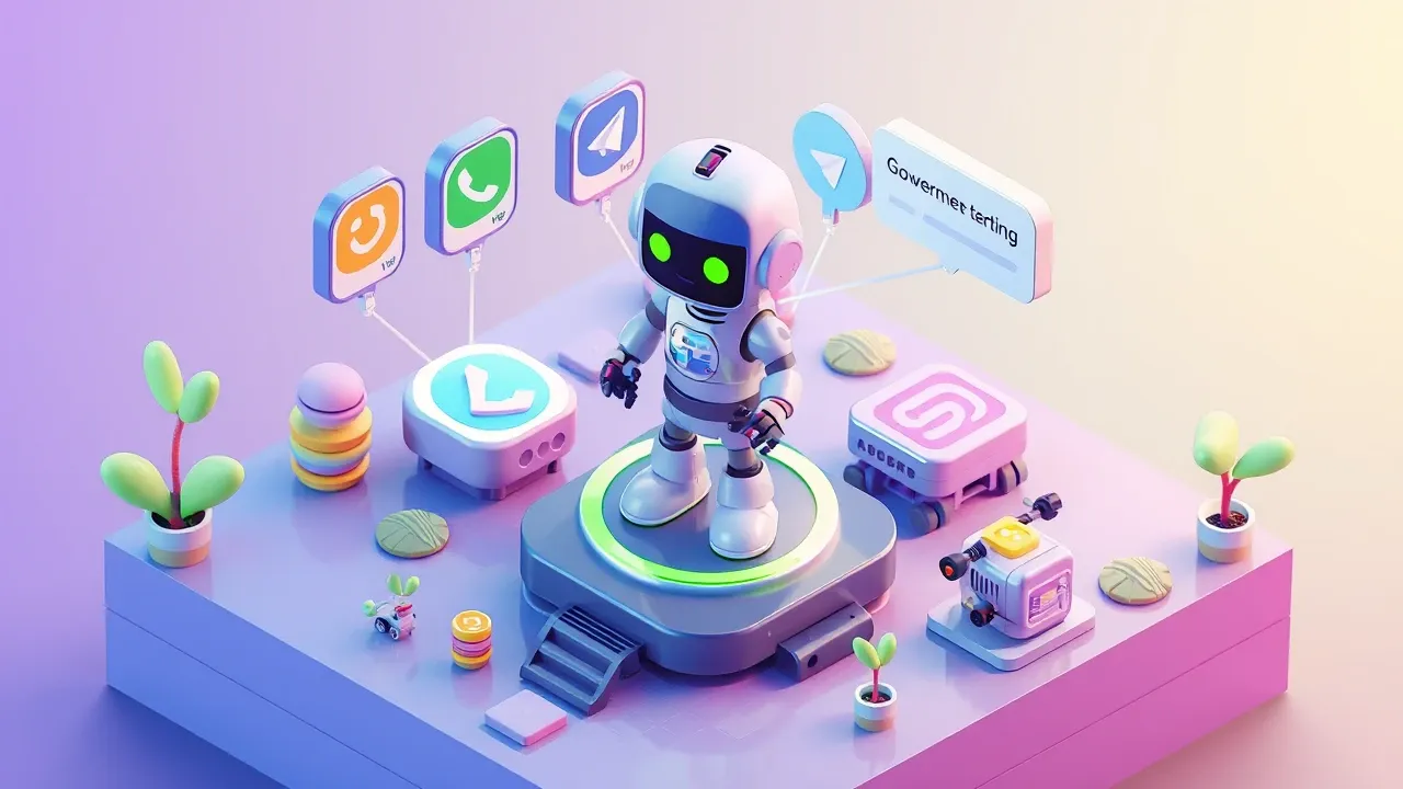 Isometric 3d mobile game art, a person connecting WhatsApp Telegram web and Instagram icons to a central hub by chatting with a robot, threads linking on their own, a single AI agent serving every channel with a governance shield around it, violet and lime-green palette