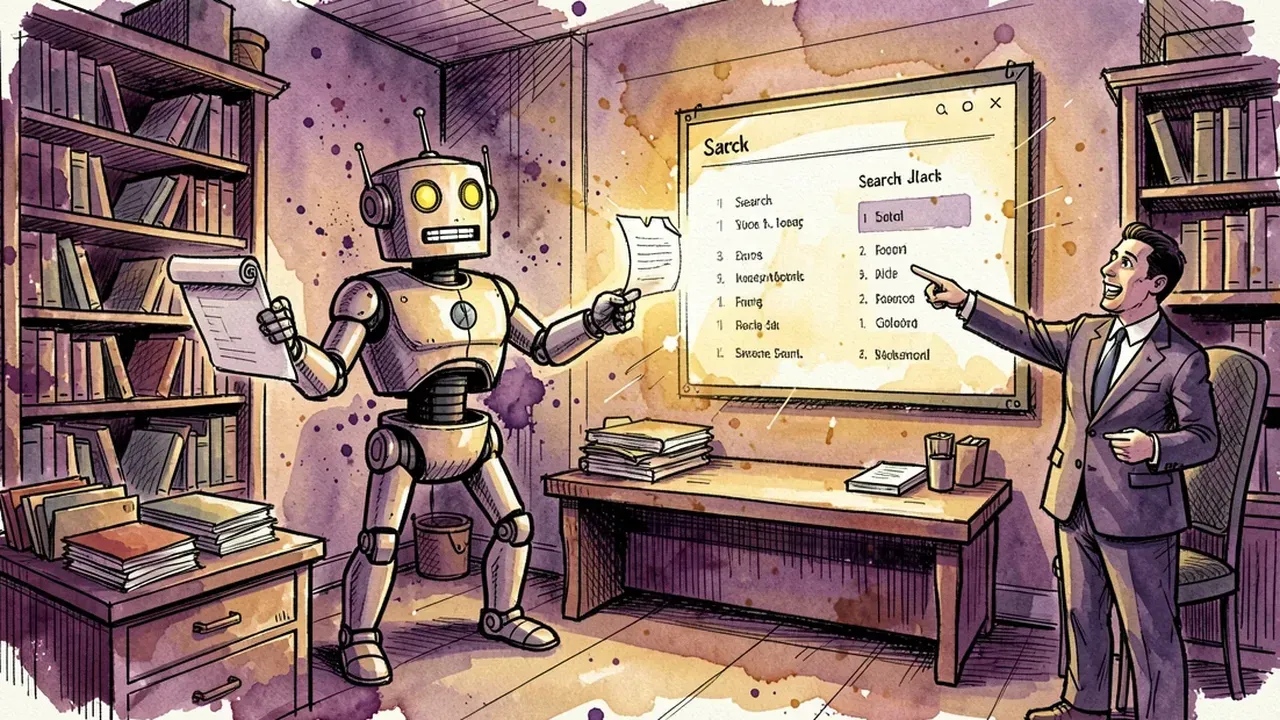 Robot librarian organizing floating folders and scrolls in a work room, two attorneys pointing at a screen showing search results, deep purple and gold watercolor
