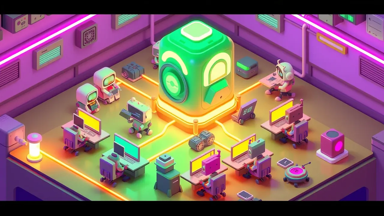 Isometric diorama of a glowing central hub connected to several teams of happy robots working at different desks, all linked by bright cables