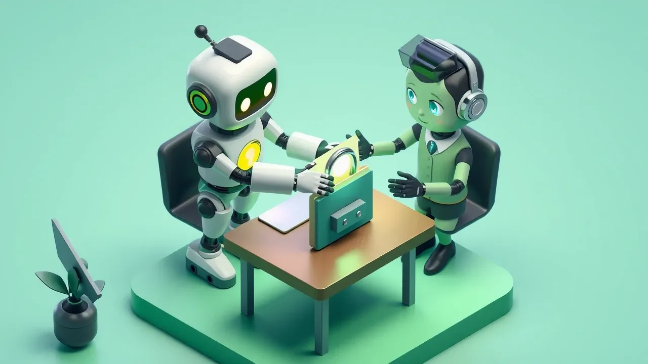 A recruiter robot and a human recruiter shaking hands over a desk with a padlocked folder, symbolizing a shared decision and data protection, green and graphite palette