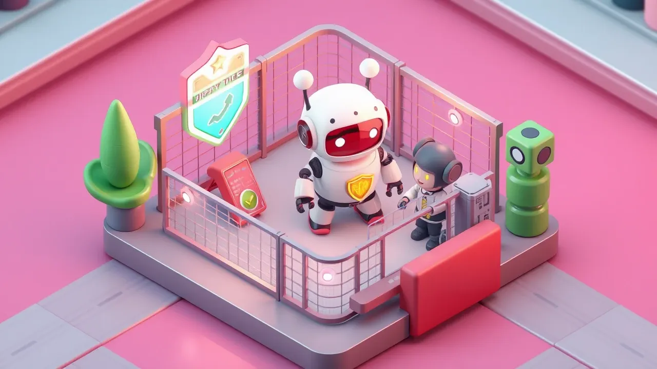 Isometric 3d render of a support robot inside a security fence with shields, a clear handoff path to a human agent beside it, emerald and soft red palette