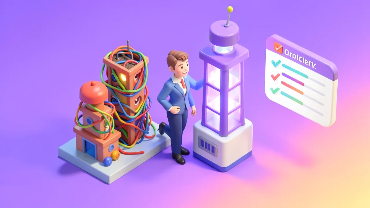 Isometric diorama of a confident business owner choosing between two towers, one small made of colorful wires and one tall and glowing violet, a floating checklist beside them, violet and sunrise palette