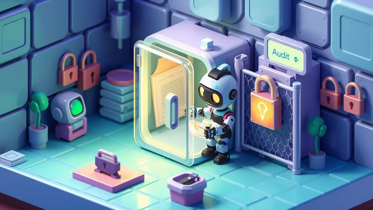 Isometric 3d render of a transparent vault protecting legal documents while a robot works inside a security fence with padlocks and an audit log, emerald green and indigo palette