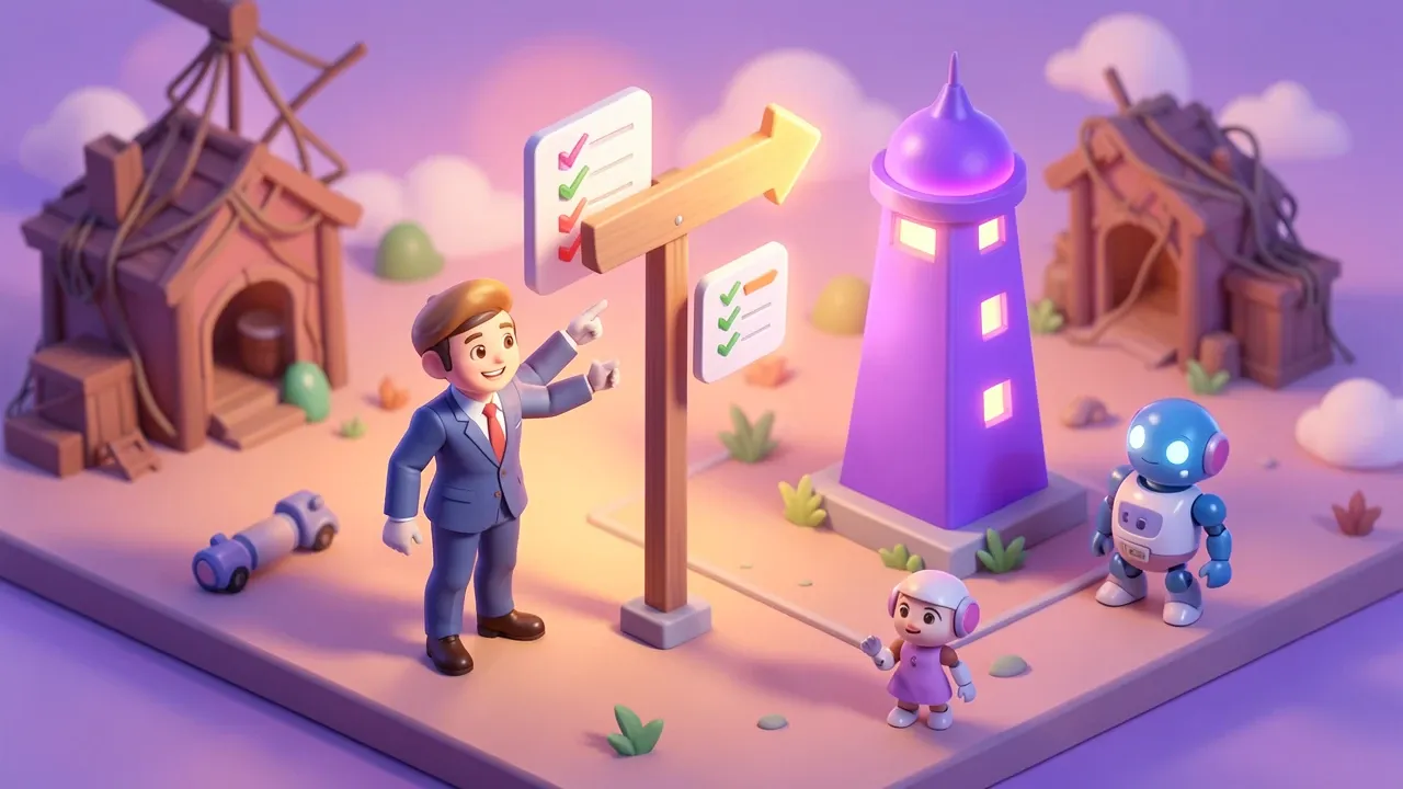 Isometric diorama of a confident business owner pointing toward a glowing violet tower while a tangled workshop fades into the background, a floating checklist beside them, violet and sunrise palette