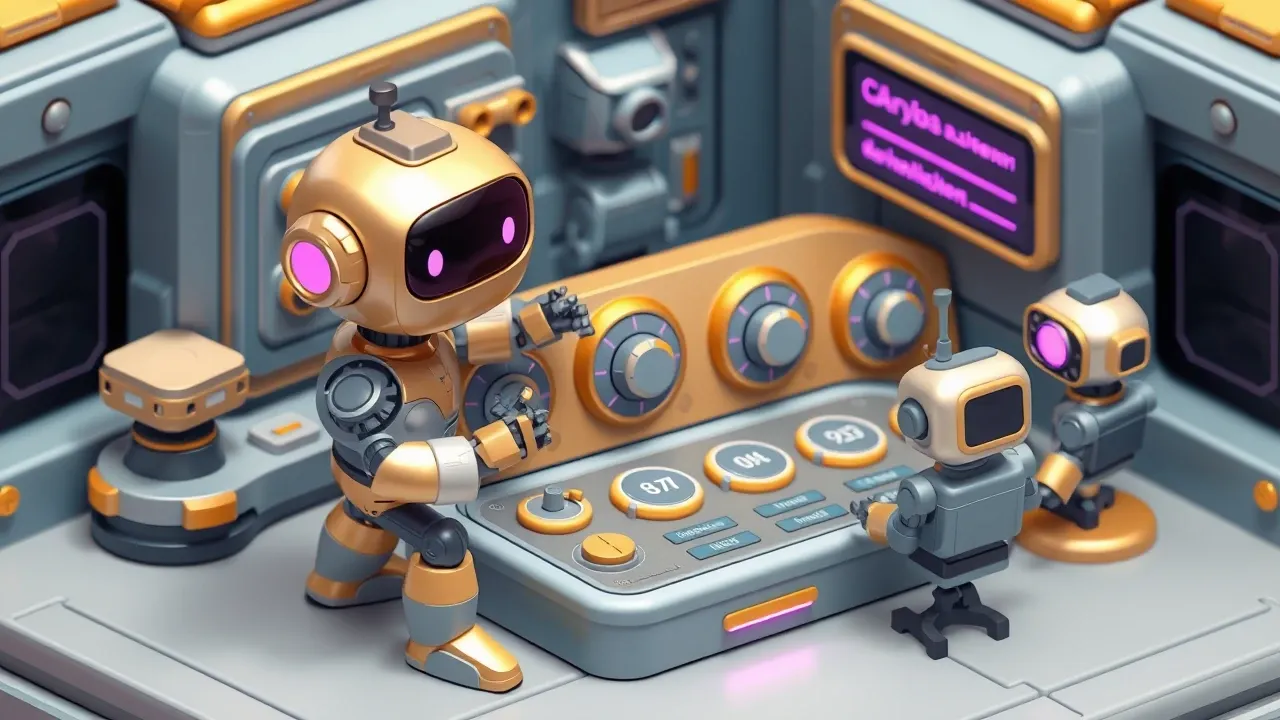 Isometric diorama of a manager robot adjusting dials on a central panel that shows several teams' usage in a calm, organized way