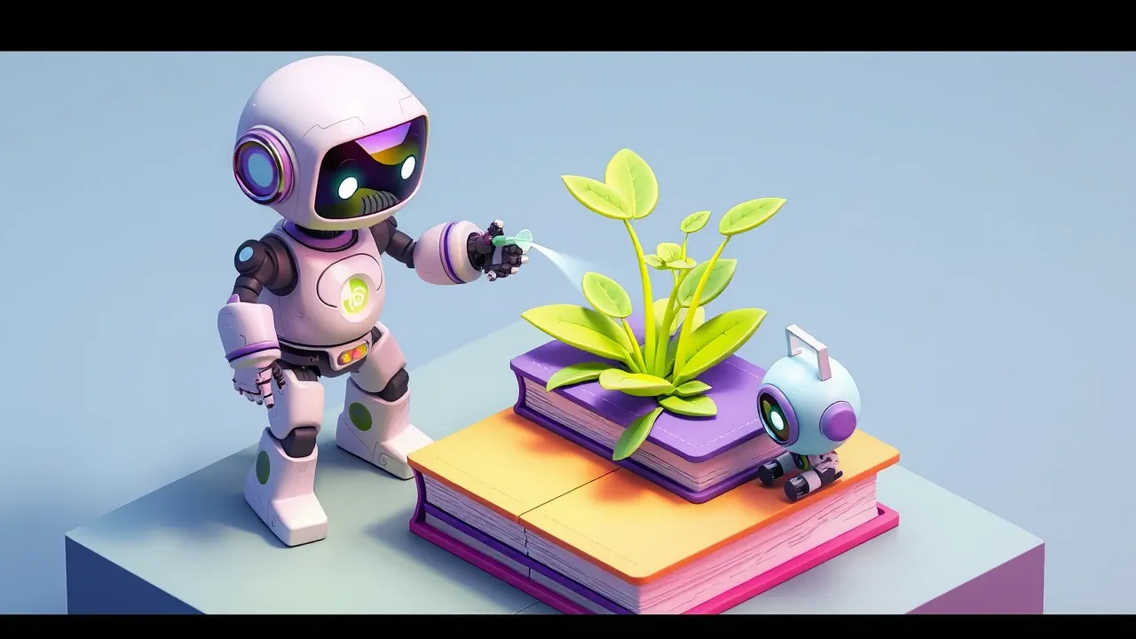 Robot watering a plant growing out of books, while it detects gaps and adds new knowledge leaves automatically, lime green and violet palette