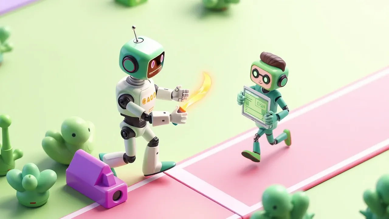 A robot passing the baton of a re-warmed lead to a human rep at a finish line, with a metrics dashboard rising beside them, green and violet palette