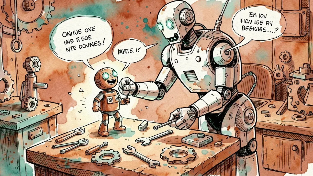 Robot assembling a small AI agent out of glowing chat bubbles at a workbench