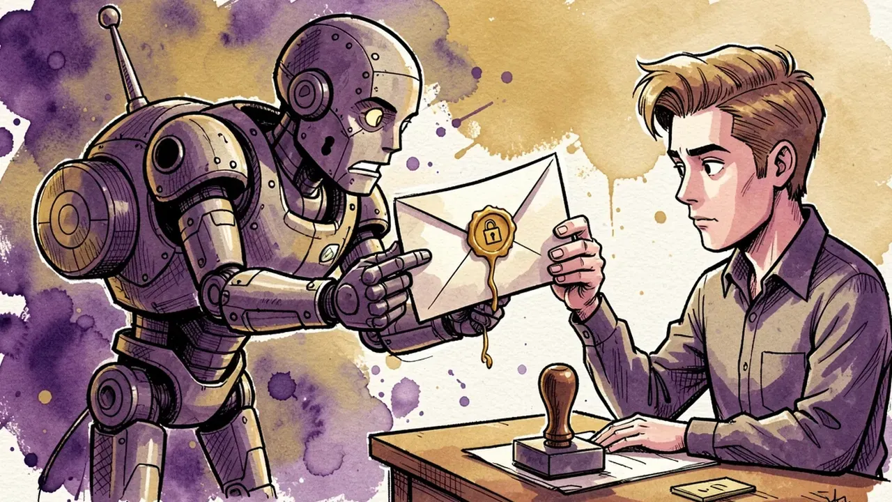 A robot agent handing a sealed letter with a lock and a review stamp to a human to sign off before it's sent, symbolizing guardrails and human review