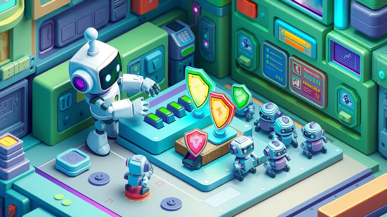 Isometric diorama of an engineer robot sliding big friendly toggles on a central panel, switching on colored shields that cover several agents at once