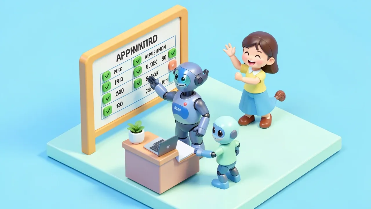 Isometric 3d robot receptionist organizing a physical appointment schedule with green confirmed markers, a happy patient in the background, blue and mint palette