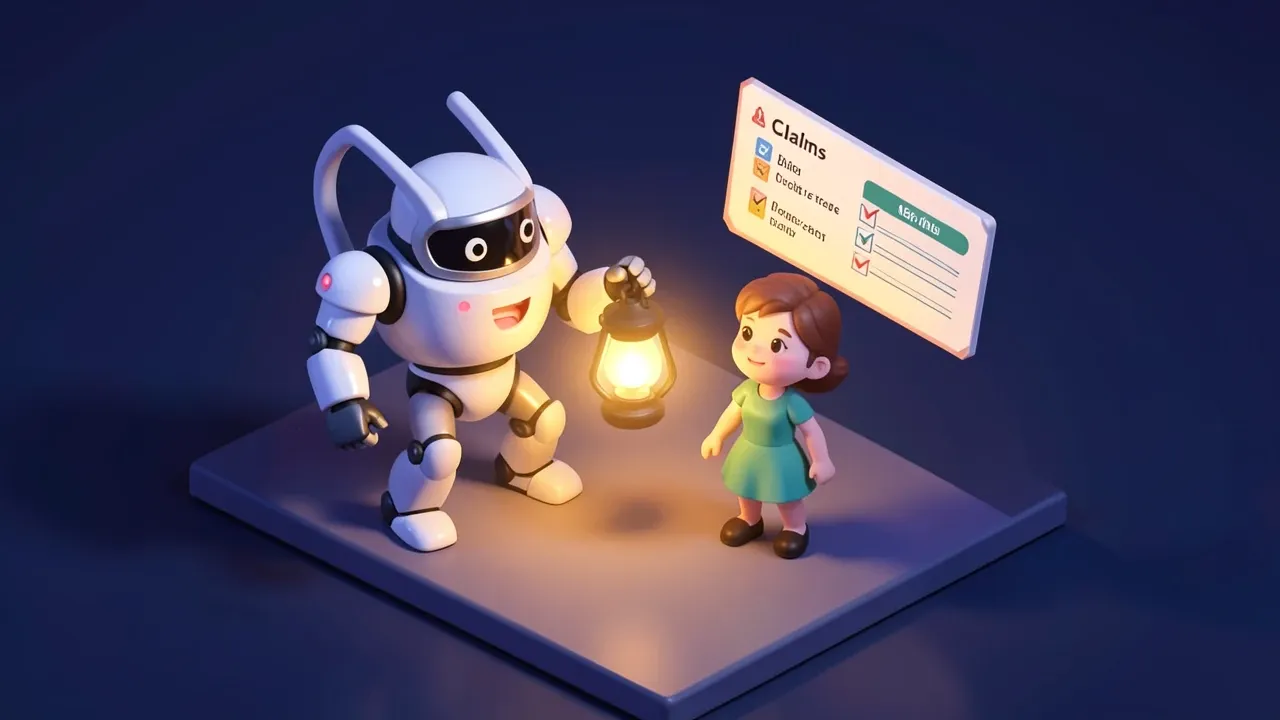 Isometric diorama of an agent robot assisting a customer at night with a flashlight and a floating claims form, dark indigo and amber palette
