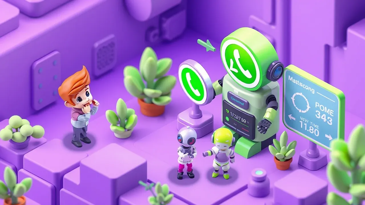 Isometric 3d mobile game art, a person building a WhatsApp agent by chatting with a robot, a WhatsApp icon connecting on its own, a knowledge base uploading, a guardrail shield switching on, a response-time metrics panel beside it, violet and lime-green palette