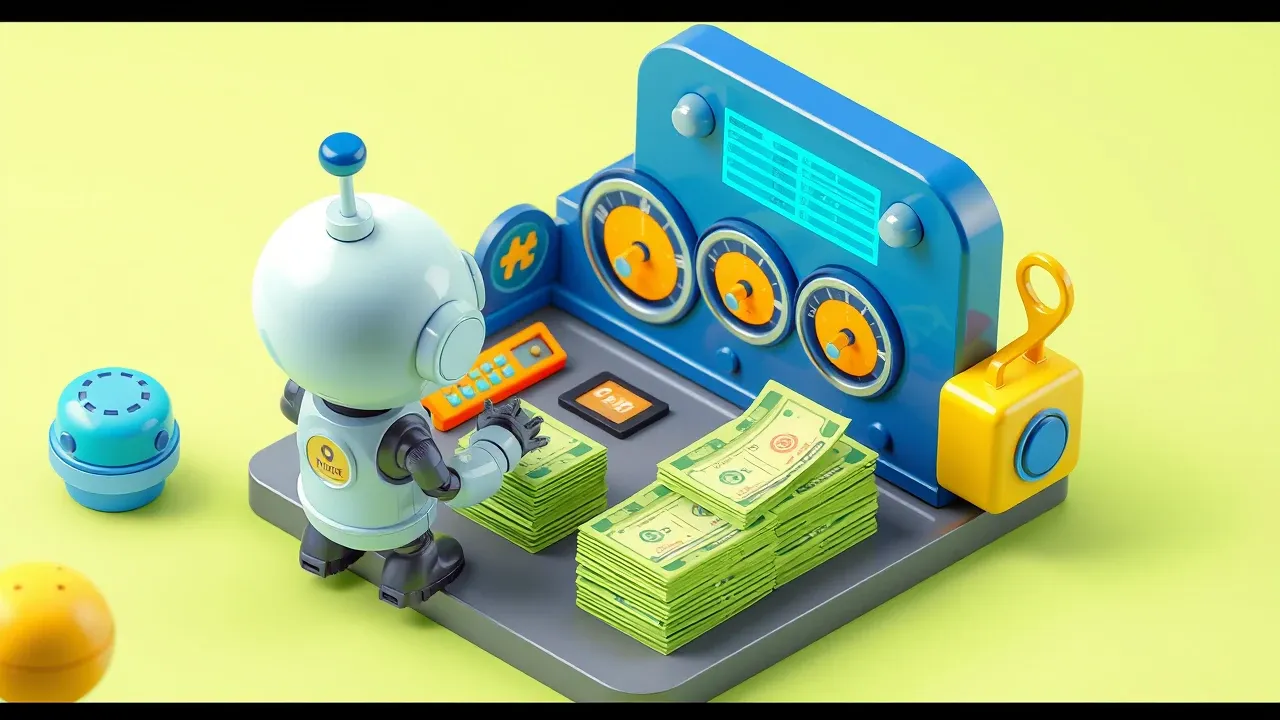 Robot watching a dashboard with three gauges climbing, deflection, response time and satisfaction, while the pile of tickets beside it shrinks, lime green and blue palette