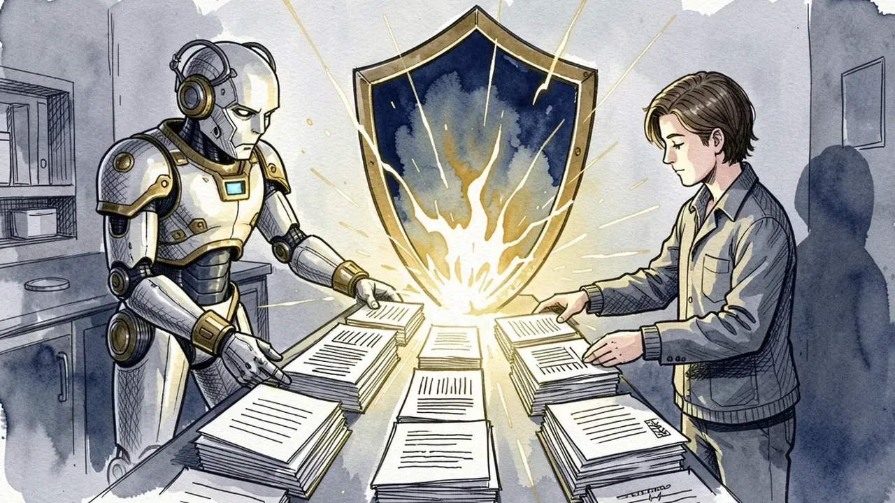Robot agent and a person together organizing folders and documents flowing in order into a central core protected by a shield, navy blue and gold palette
