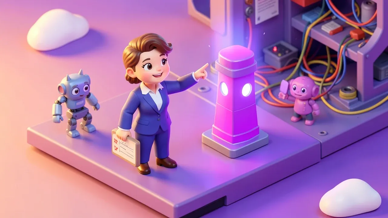 Isometric diorama of a confident business owner pointing at a glowing purple tower while a tangled workshop of wires fades into the background, a checklist floating beside them, purple and sunrise palette