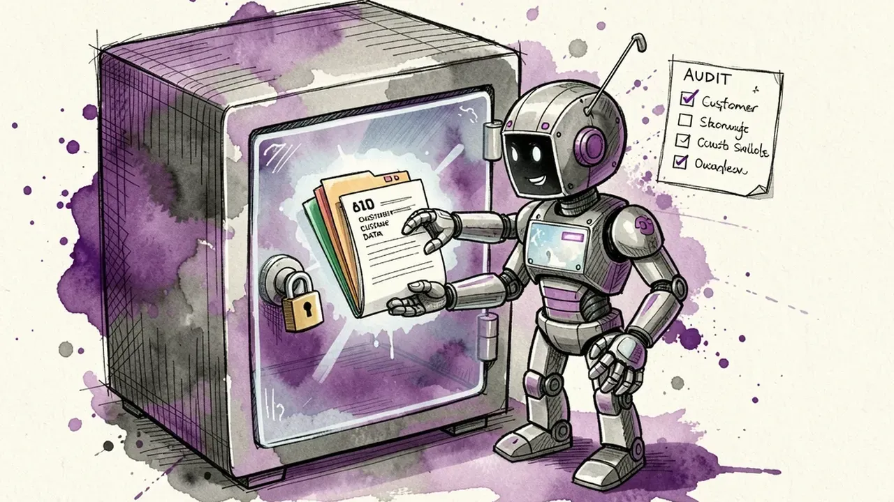 Robot carefully placing a customer data folder inside a glass safe with a padlock