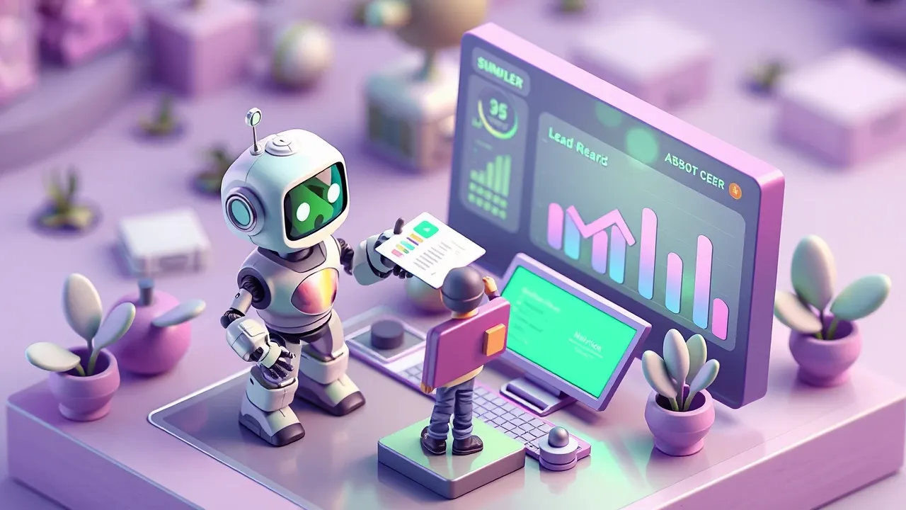 A robot passing a summarized lead card to a human rep through a lit-up CRM dashboard, with metric charts rising in the background, green and violet palette