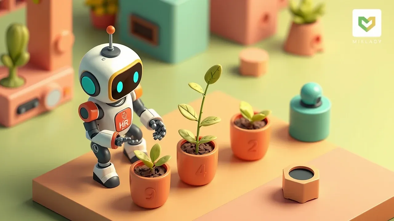 An HR robot tending a small plant growing in numbered pots, symbolizing development and the employee lifecycle, green and warm tones