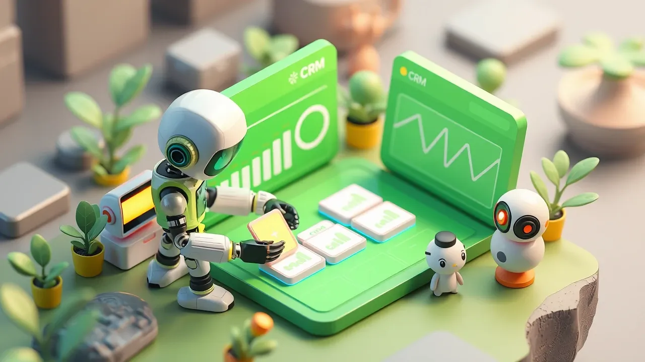 A robot auto-filling cards on a CRM dashboard that lights up green, with a completed handshake in the background, green and graphite palette