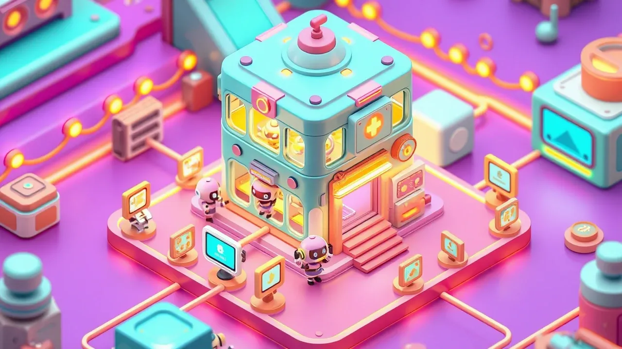 Isometric diorama of a glowing central hub with robots working together, connected to several channels, a security robot checking each connection