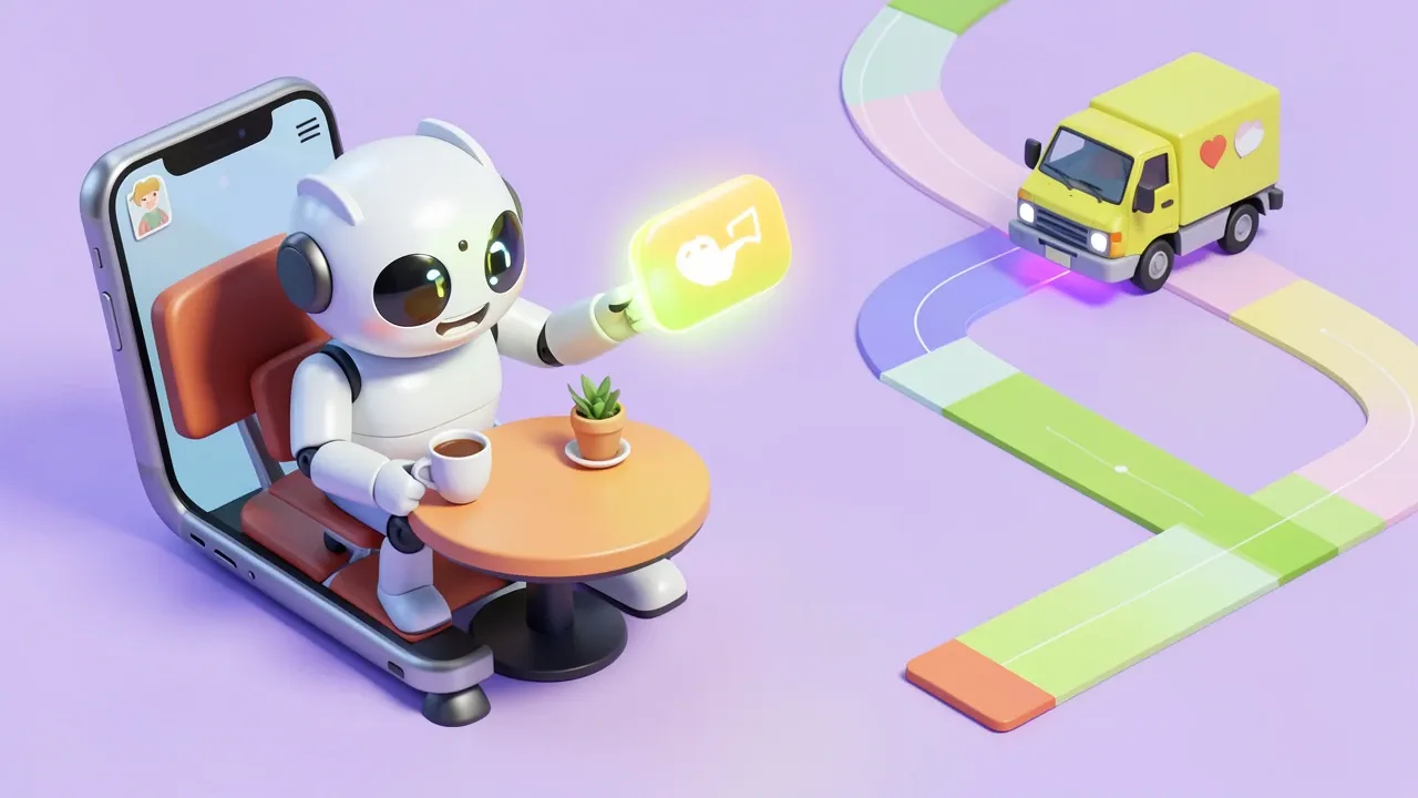 Isometric robot sending a glowing notification to the phone of a relaxed person drinking coffee, a miniature truck moving along a timeline in the background, lilac and lime palette