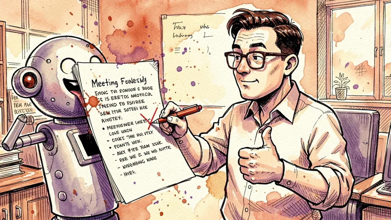 Man with glasses reading a freshly printed sheet of meeting notes coming out of an agent robot, crossing out one line with a red pen and giving a thumbs up with the other hand