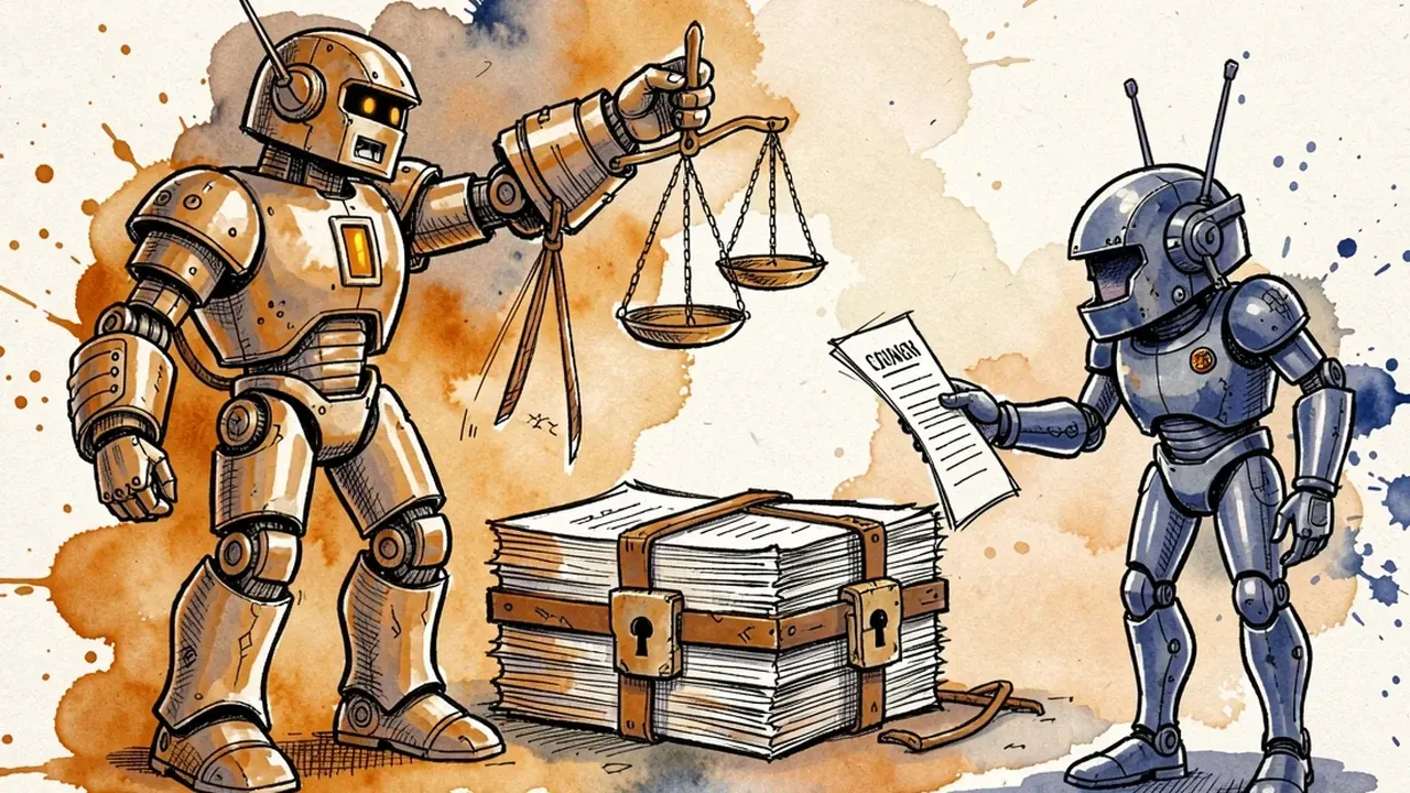 A guardian robot holding a balanced scale in front of a locked stack of contracts, a second robot handing a document over for human approval, ink and watercolor sketch, amber and deep blue tones