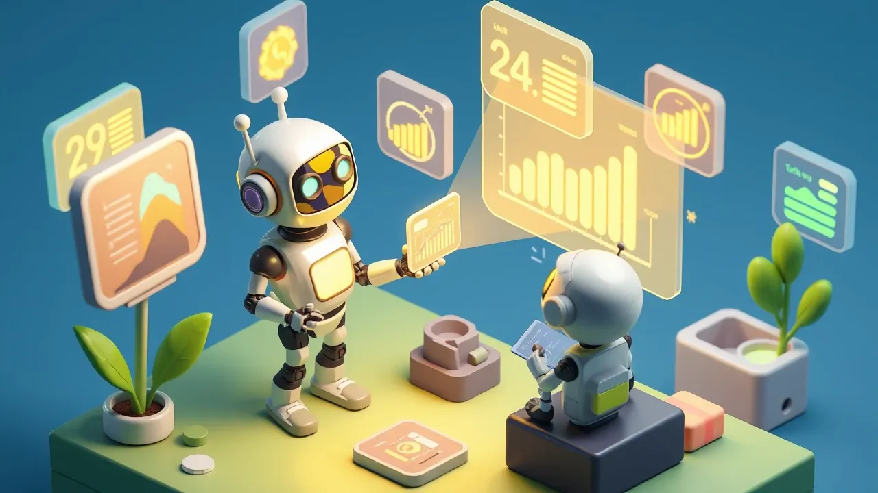 Robot projecting charts and numbers into the air from a question spoken by a manager, several panels floating around, indigo and lime green palette