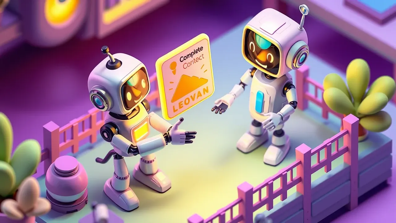 Isometric 3d mobile game art, a sales robot passing a glowing gold lead to a smiling human rep along with a complete context card, a symbolic handshake, a CRM connection beside it, a governance fence around it, violet and lime-green palette