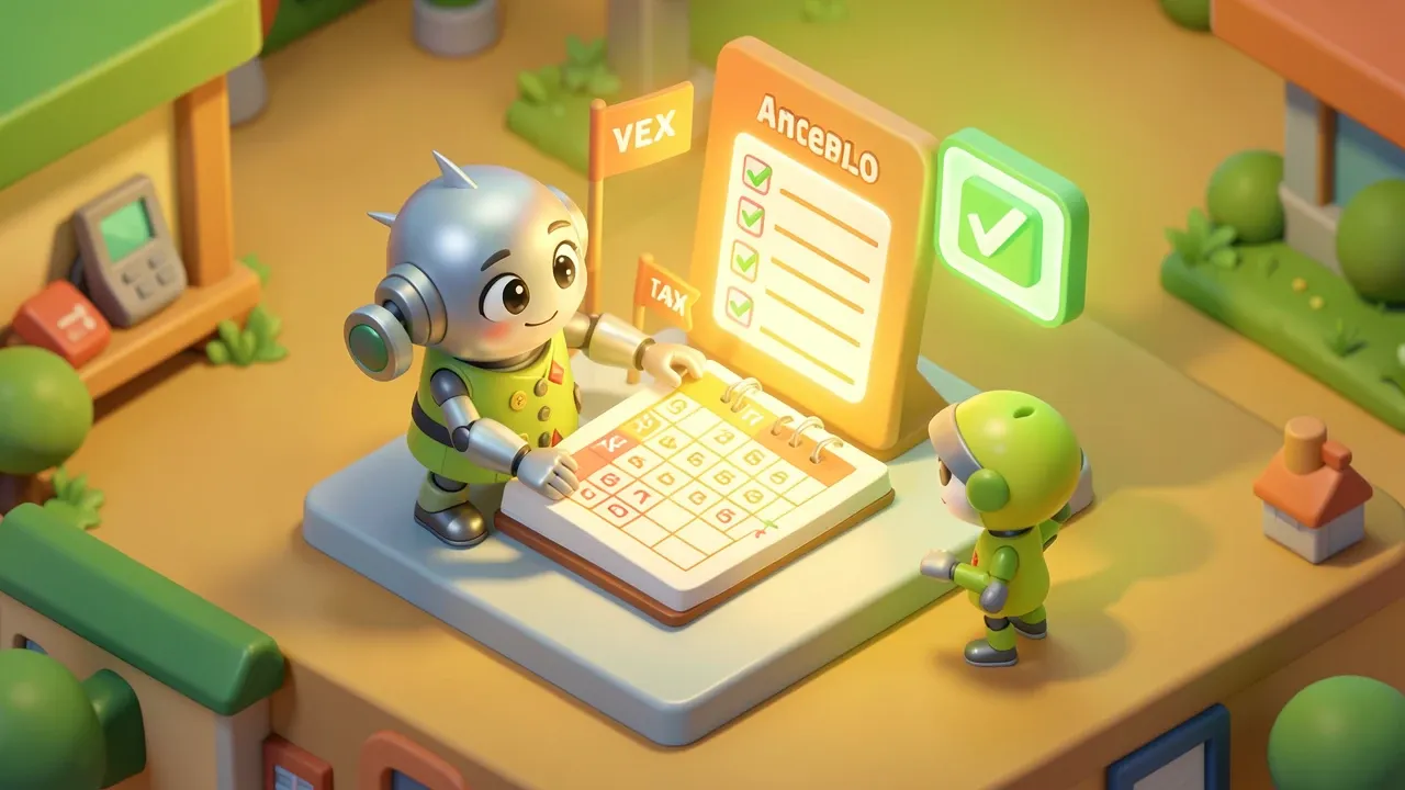 Isometric 3d robot accountant arranging a tax calendar with deadline flags, a checklist with green checkmarks beside it, amber and green palette