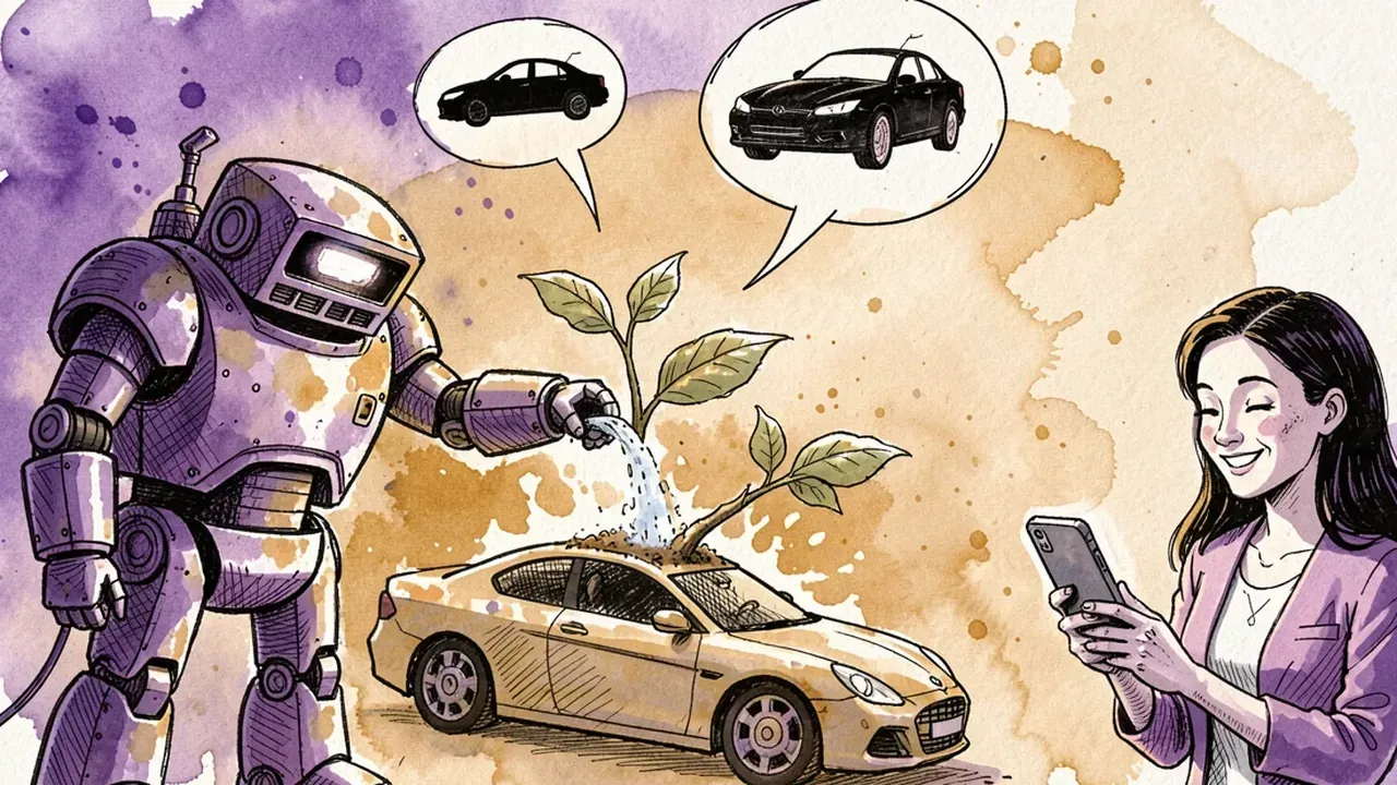 Robot watering a small plant that grows into the shape of a car, message bubbles with car silhouettes drifting around it, a customer smiling at their phone nearby