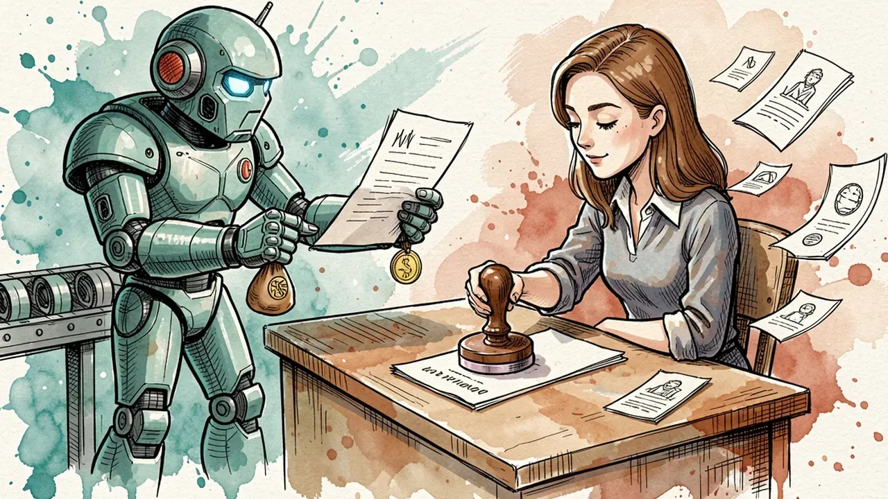 A robot agent holding out a document and a small coin bag to a woman at a desk, who presses a large rubber stamp on the paper, while small notes move freely along a conveyor beside them