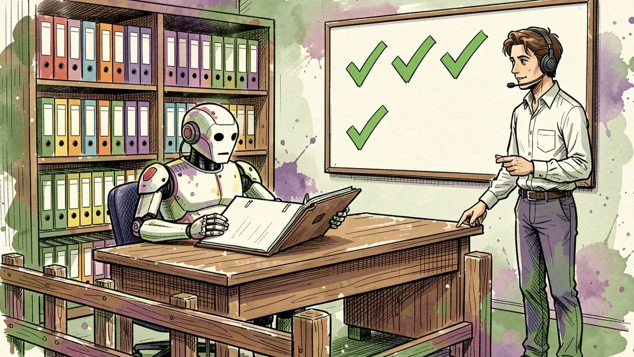 Ink and watercolor sketch of a robot support agent at a desk surrounded by open reference binders and a tidy knowledge library, a whiteboard with green check marks, a guardrail fence around the desk and a human colleague on the phone ready to take over