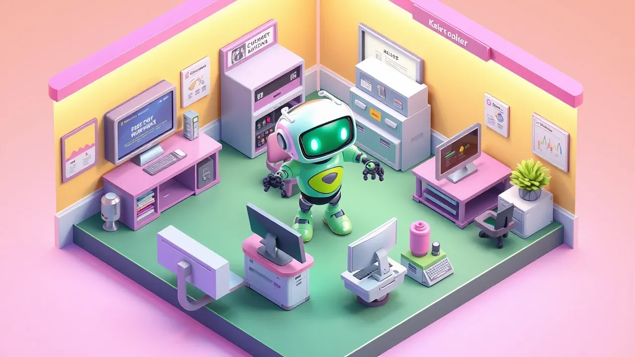 Robot agent working across several stations of a miniature company, support, sales and internal helpdesk, each with its flow completed, green and violet palette