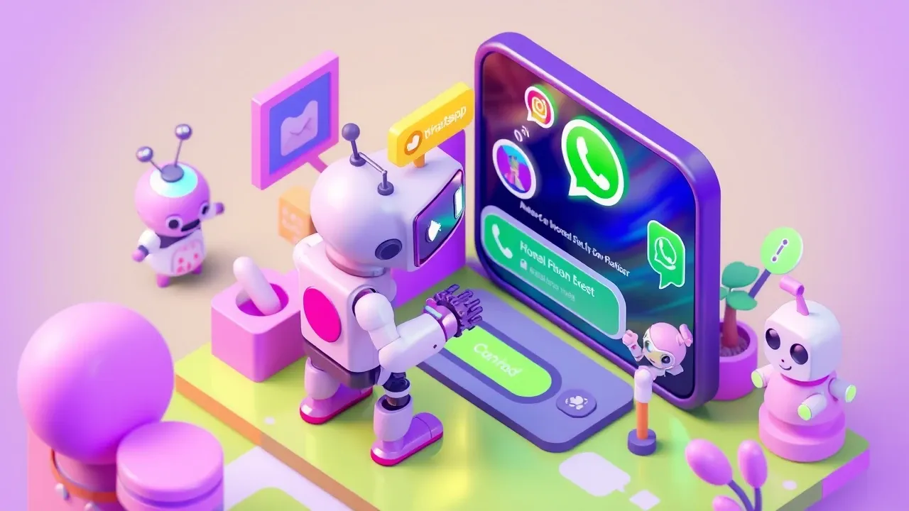 Isometric 3d render of an AI robot serving customers on WhatsApp inside a platform, connected to the CRM and a knowledge base, with a clear handoff path to a human agent, violet and green palette
